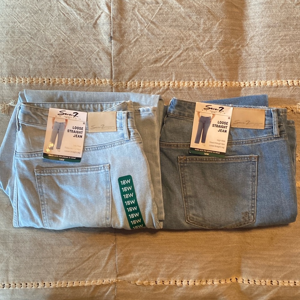 2 pair nwt Seven7 High Rise Blue Jeans size 18W. One light wash, one dark wash.